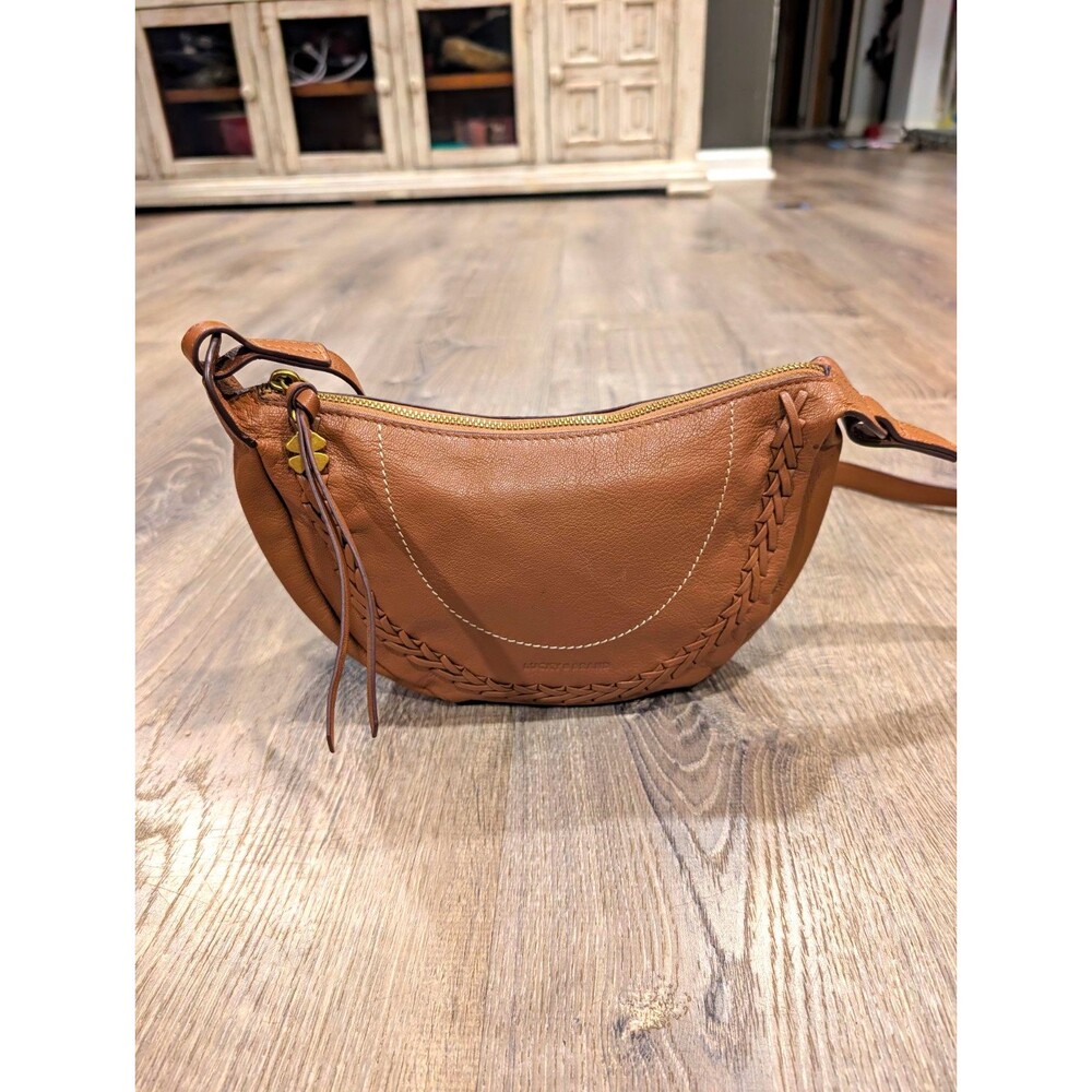 Lucky Brand Brown Pebble Leather Braided Crescent Crossbody Shoulder Bag Purse